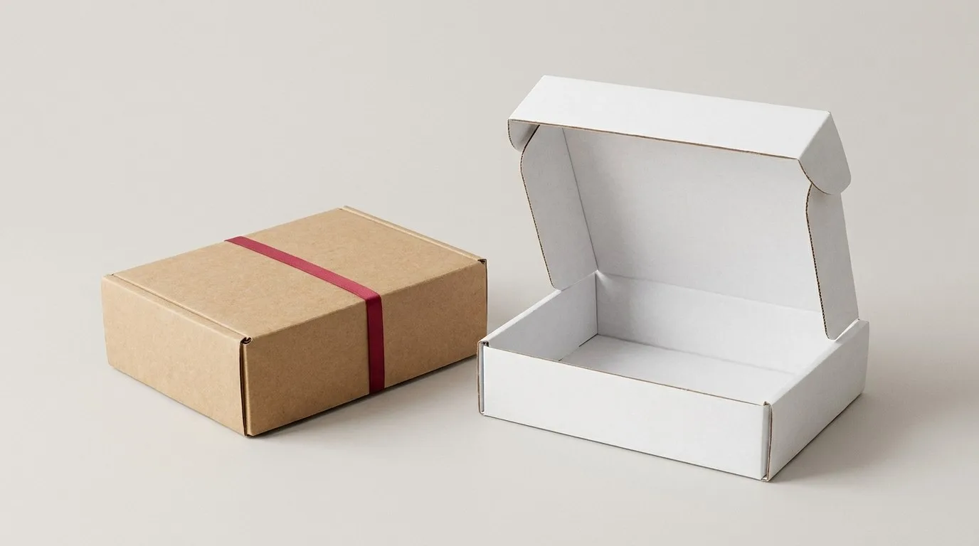 Custom Sleeved Mailer boxes, closed and open view in natural kraft and white, bulk and wholesale with no minimum order