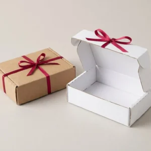 Custom Small Kraft Boxes, closed and open view in natural kraft and white, bulk and wholesale with no minimum order