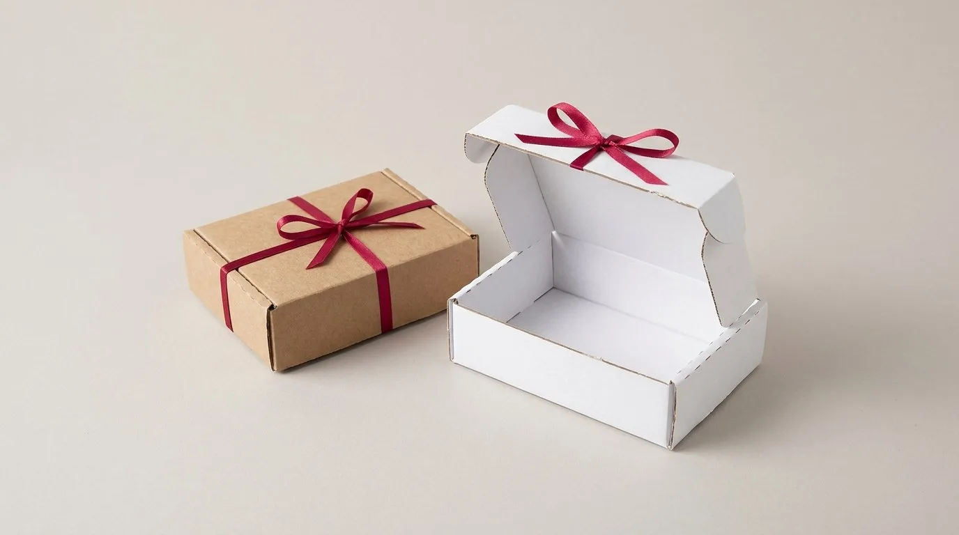 Custom Small Kraft Boxes, closed and open view in natural kraft and white, bulk and wholesale with no minimum order
