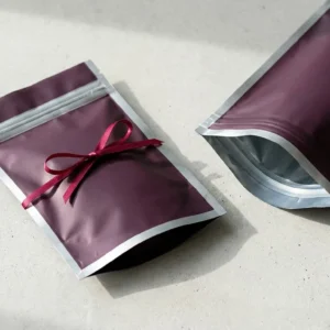 Custom Small Mylar Bags, closed and open view in deep plum, bulk and wholesale with no minimum order