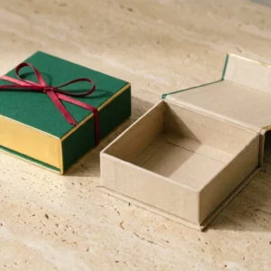 Custom Small Rigid Boxes, closed and open view in deep emerald green, bulk and wholesale with no minimum order
