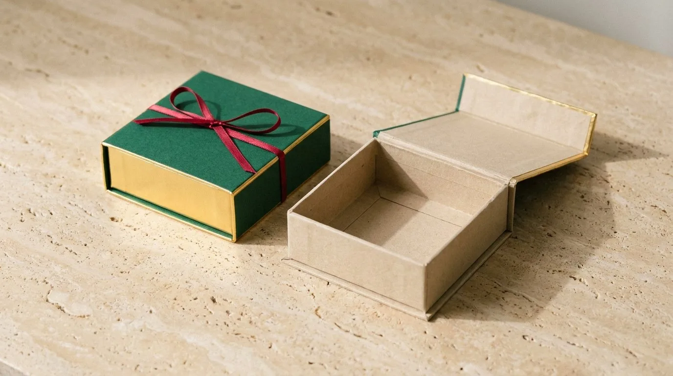 Custom Small Rigid Boxes, closed and open view in deep emerald green, bulk and wholesale with no minimum order