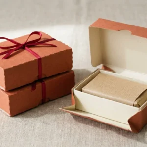 Custom Soap Hotel Amenities, closed and open view in warm terracotta, bulk and wholesale with no minimum order