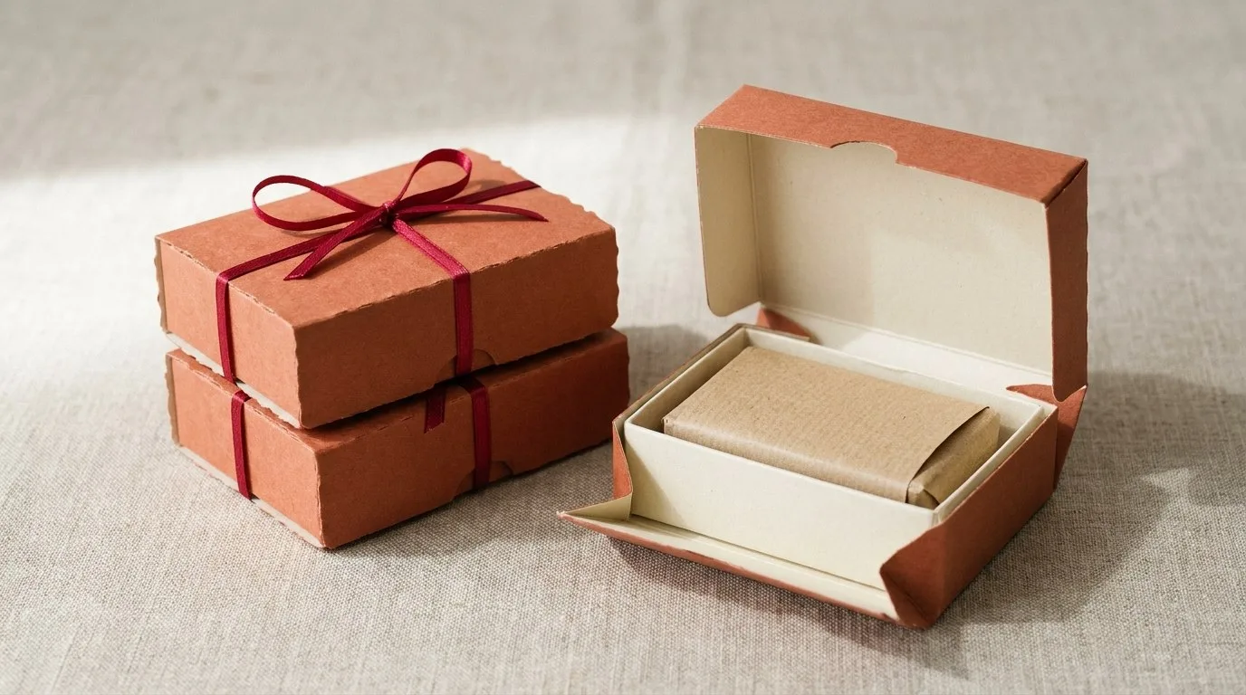 Custom Soap Hotel Amenities, closed and open view in warm terracotta, bulk and wholesale with no minimum order