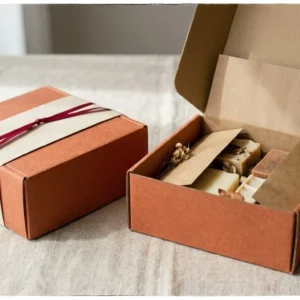 Custom Soap Subscription Boxes, closed and open view in warm terracotta, bulk and wholesale with no minimum order