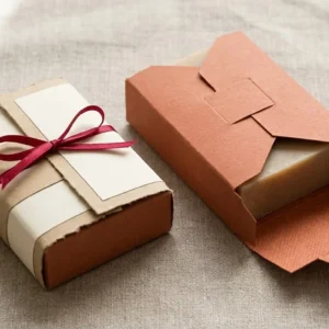Custom Soap Wraps, closed and open view in warm terracotta, bulk and wholesale with no minimum order