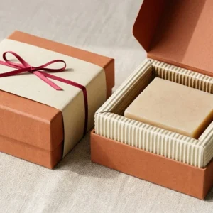 Custom Square Soap Boxes, closed and open view in warm terracotta, bulk and wholesale with no minimum order