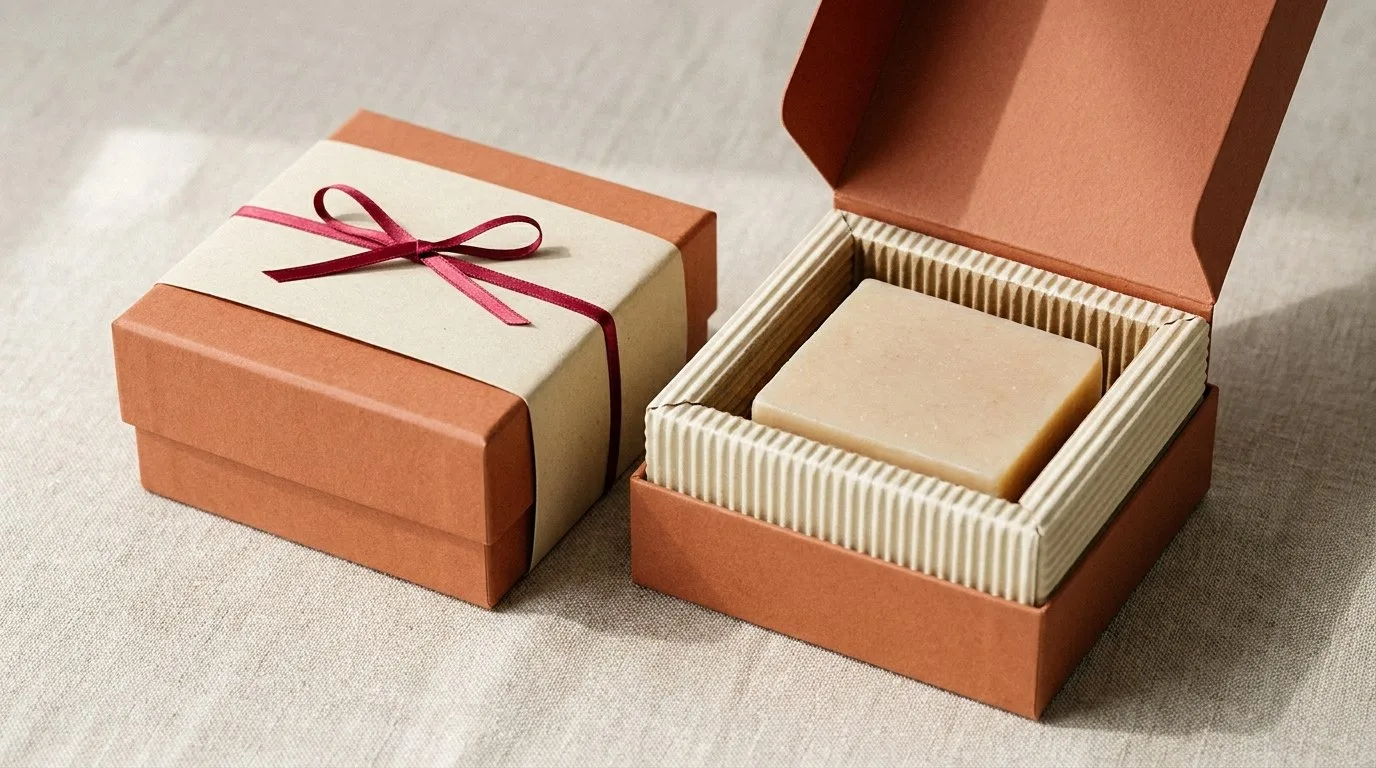 Custom Square Soap Boxes, closed and open view in warm terracotta, bulk and wholesale with no minimum order