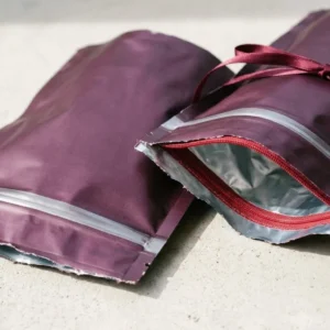 Custom Stand Up Mylar Bags, closed and open view in deep plum, bulk and wholesale with no minimum order