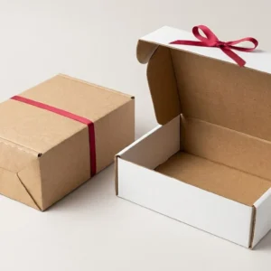 Custom Stationery Subscription Boxes, closed and open view in natural kraft and white, bulk and wholesale with no minimum order