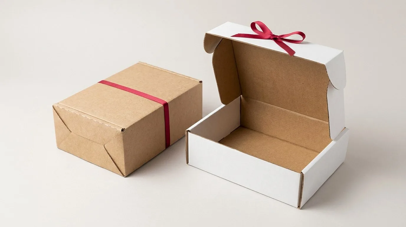 Custom Stationery Subscription Boxes, closed and open view in natural kraft and white, bulk and wholesale with no minimum order