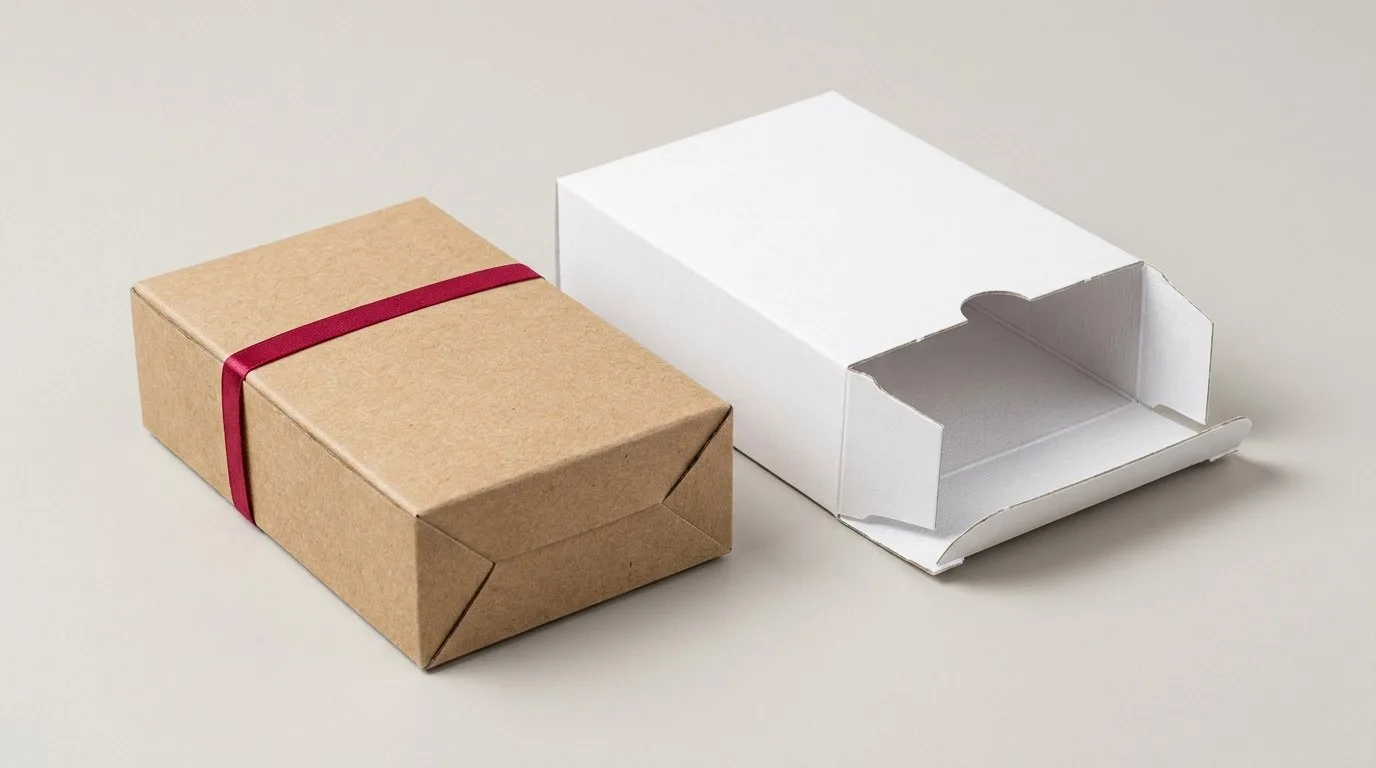 Custom Straight Tuck End Boxes, closed and open view in natural kraft and white, bulk and wholesale with no minimum order