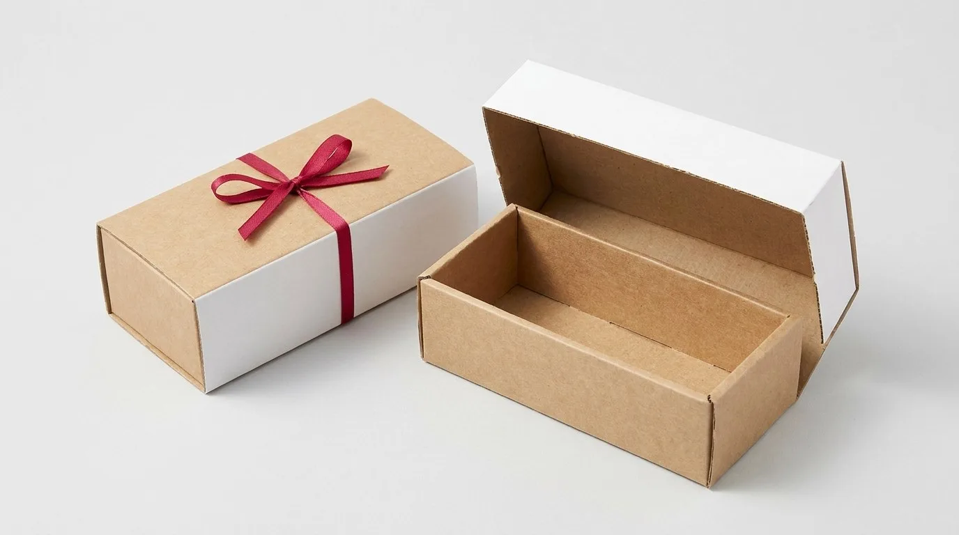Custom Sunglass Packaging, closed and open view in natural kraft and white, bulk and wholesale with no minimum order
