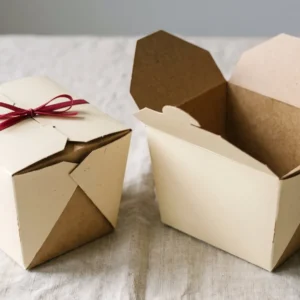 Custom Takeout Food Boxes, closed and open view in butter cream, bulk and wholesale with no minimum order
