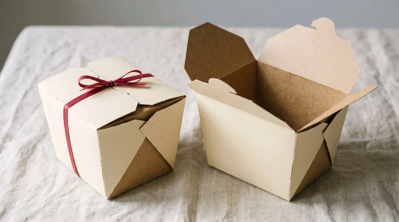 Custom Takeout Food Boxes, closed and open view in butter cream, bulk and wholesale with no minimum order