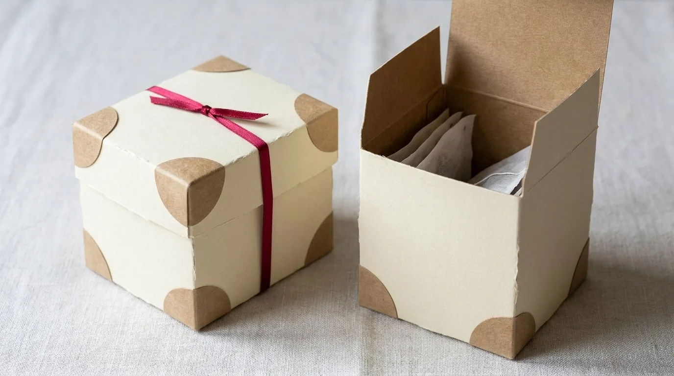 Custom Tea Bag Boxes, closed and open view in butter cream, bulk and wholesale with no minimum order