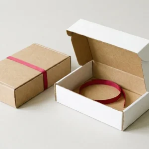 Custom Textile Packaging, closed and open view in natural kraft and white, bulk and wholesale with no minimum order