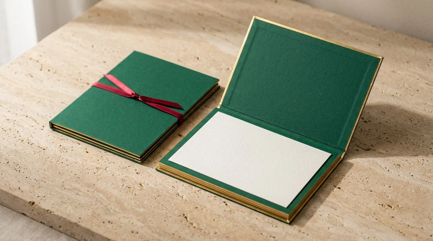 Custom Thank You Card, closed and open view in deep emerald green, bulk and wholesale with no minimum order