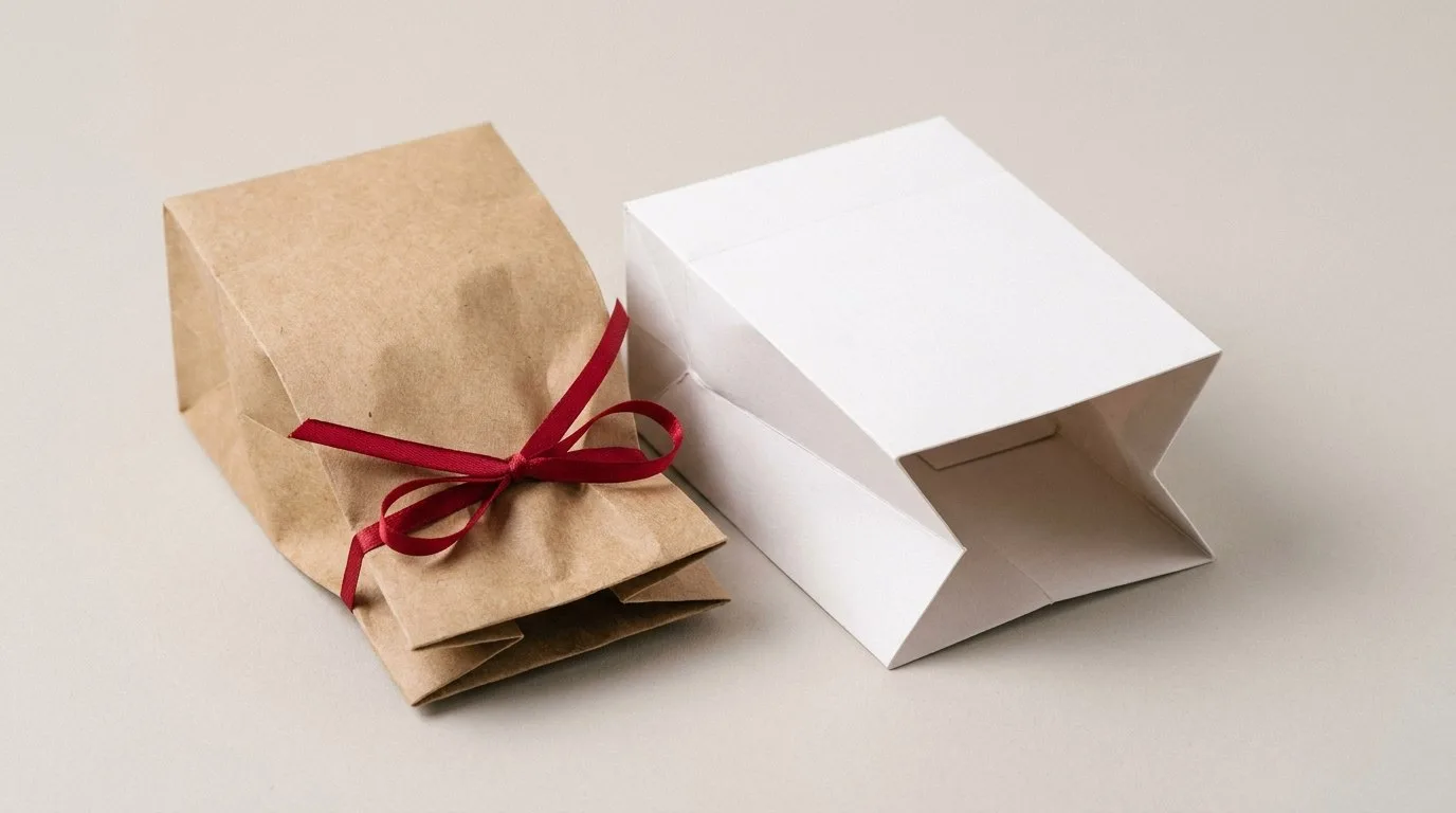 Custom Tin Tie Bags, closed and open view in natural kraft and white, bulk and wholesale with no minimum order