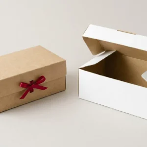 Custom Tissue Boxes, closed and open view in natural kraft and white, bulk and wholesale with no minimum order