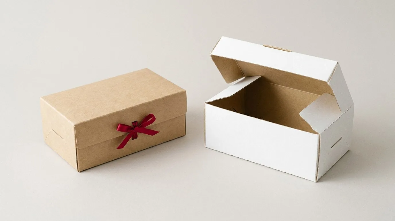 Custom Tissue Boxes, closed and open view in natural kraft and white, bulk and wholesale with no minimum order
