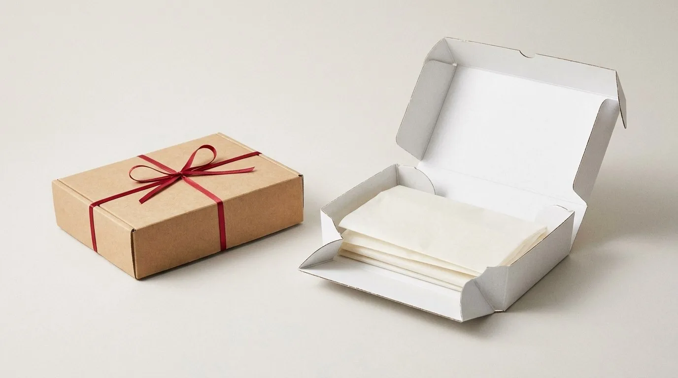 Custom Tissue Paper, closed and open view in natural kraft and white, bulk and wholesale with no minimum order