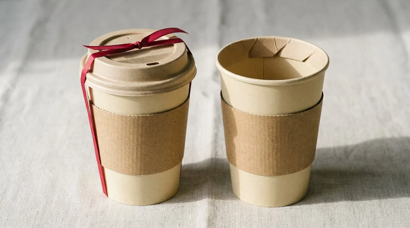 Custom To Go Coffee Cups, closed and open view in butter cream, bulk and wholesale with no minimum order