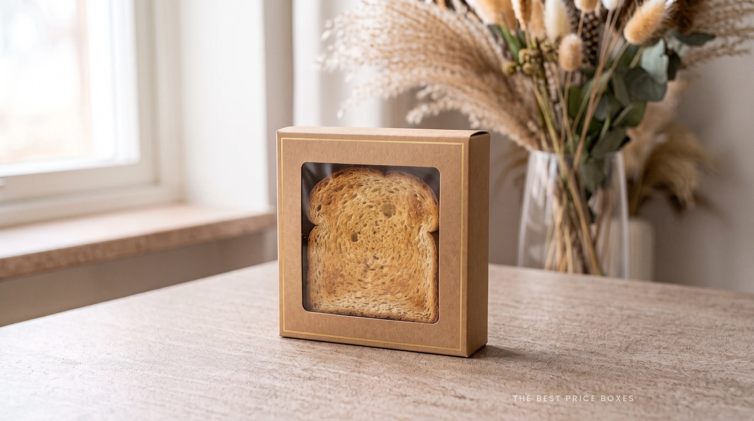 Custom toast box in kraft board with a gold foil border and a clear window die cut into the front panel, showing a thick slice of toast inside.