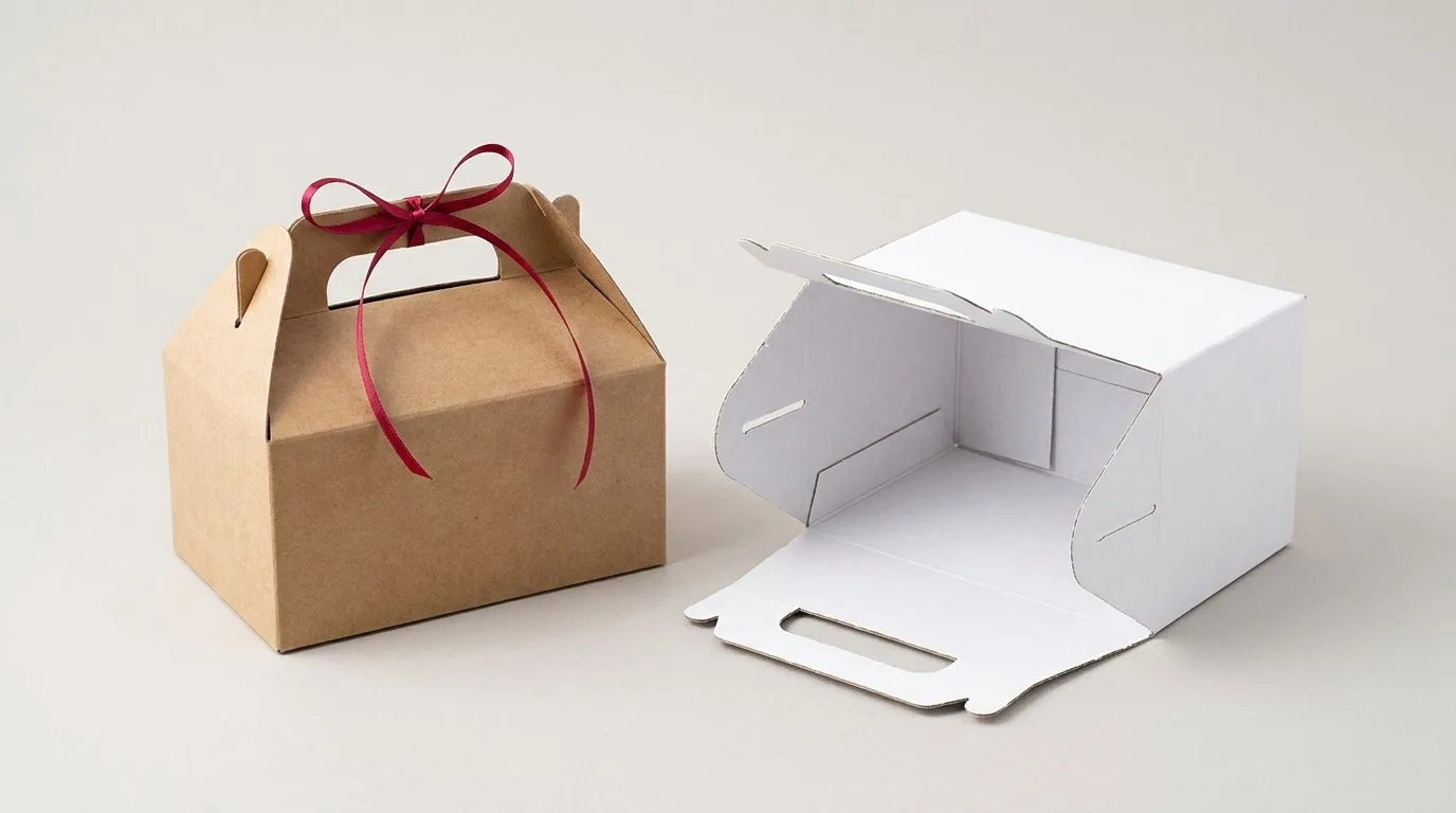 Custom Toys Product Gable Boxes, closed and open view in natural kraft and white, bulk and wholesale with no minimum order