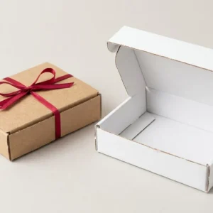 Custom Tray Boxes, closed and open view in natural kraft and white, bulk and wholesale with no minimum order
