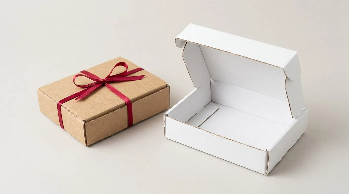 Custom Tray Boxes, closed and open view in natural kraft and white, bulk and wholesale with no minimum order