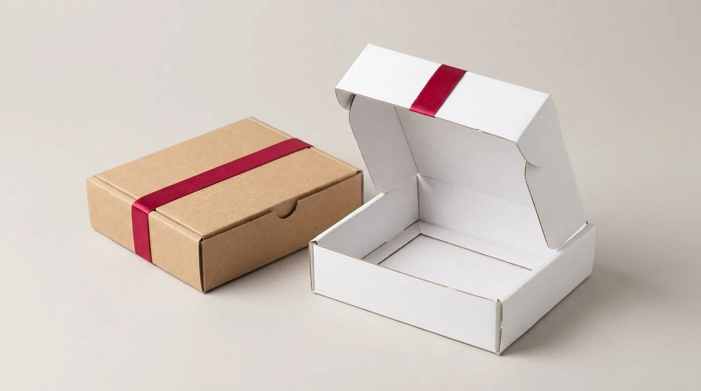 Custom Tray Display Boxes, closed and open view in natural kraft and white, bulk and wholesale with no minimum order