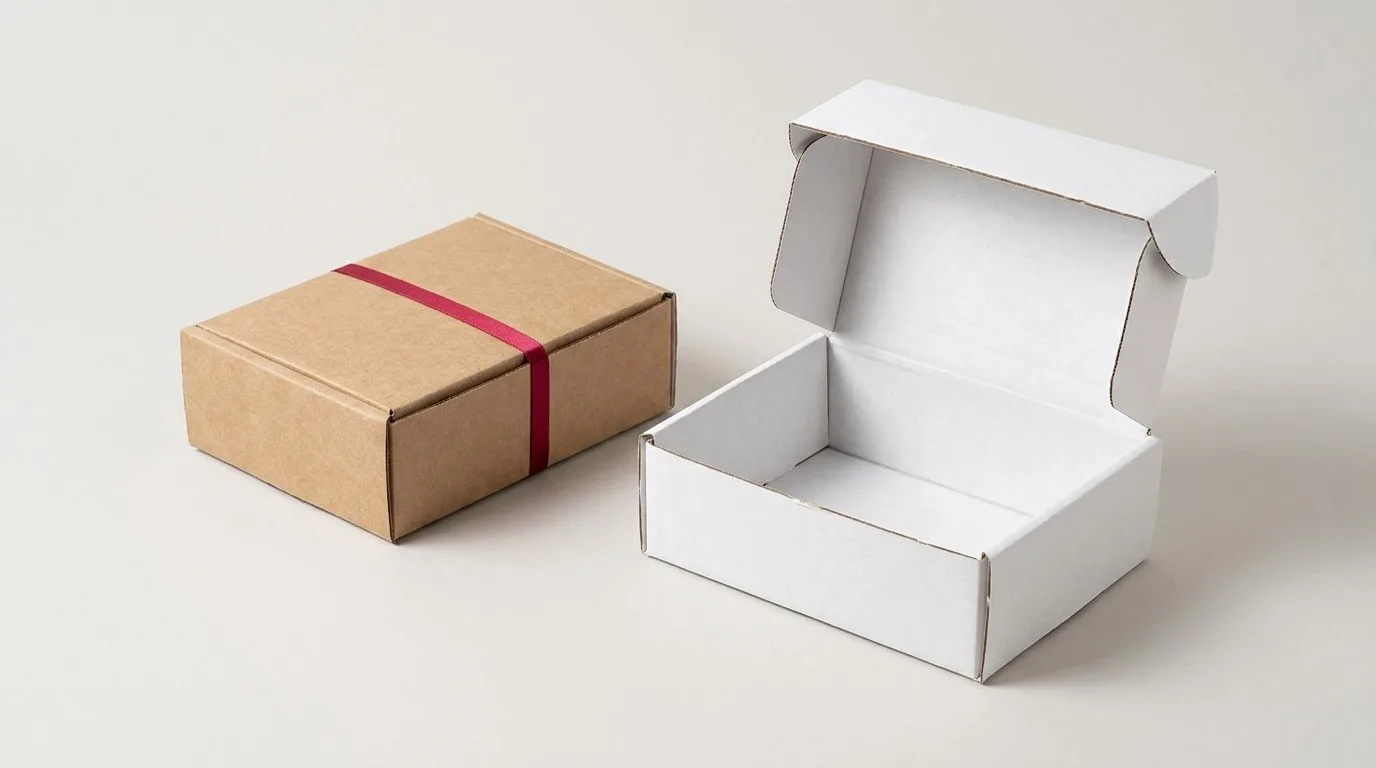 Custom Tuck Top Boxes, closed and open view in natural kraft and white, bulk and wholesale with no minimum order