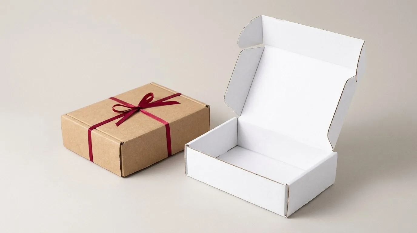 Custom Tuck Top Mailer Boxes, closed and open view in natural kraft and white, bulk and wholesale with no minimum order