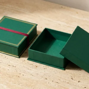 Custom Two Piece Boxes, closed and open view in deep emerald green, bulk and wholesale with no minimum order