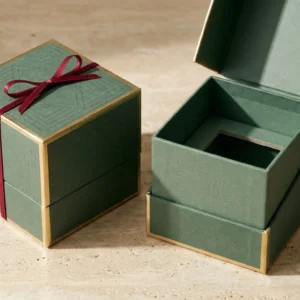 Custom Two-Piece Candle Box, closed and open view in deep sage green, bulk and wholesale with no minimum order