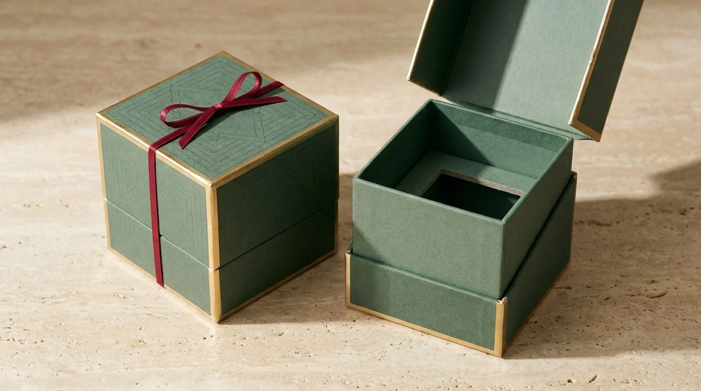 Custom Two-Piece Candle Box, closed and open view in deep sage green, bulk and wholesale with no minimum order