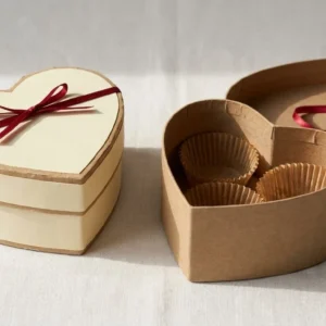 Custom Valentines Chocolate Heart Boxes, closed and open view in butter cream, bulk and wholesale with no minimum order