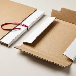Custom Vinyl Record Mailers, closed and open view in natural kraft and white, bulk and wholesale with no minimum order