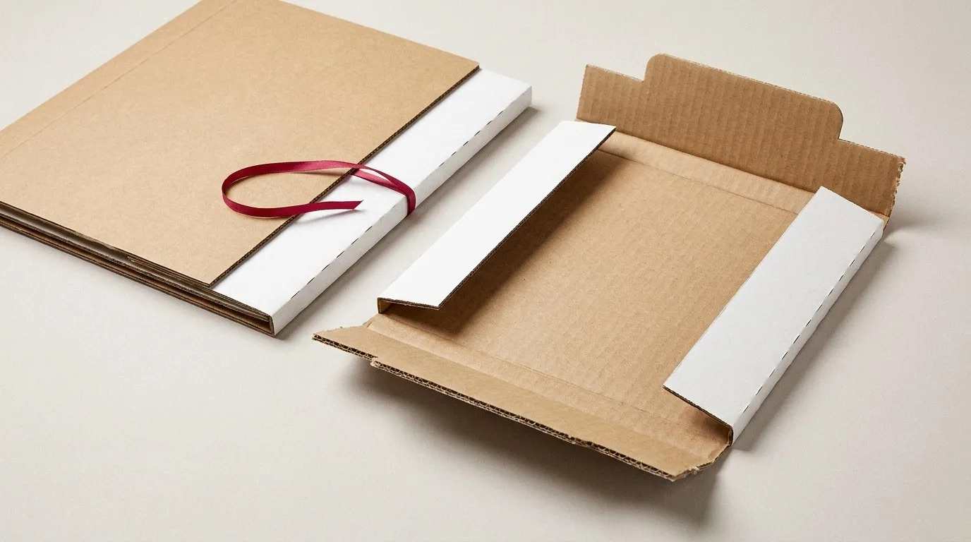 Custom Vinyl Record Mailers, closed and open view in natural kraft and white, bulk and wholesale with no minimum order