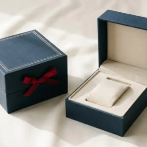 Custom Watch Boxes, closed and open view in midnight navy, bulk and wholesale with no minimum order
