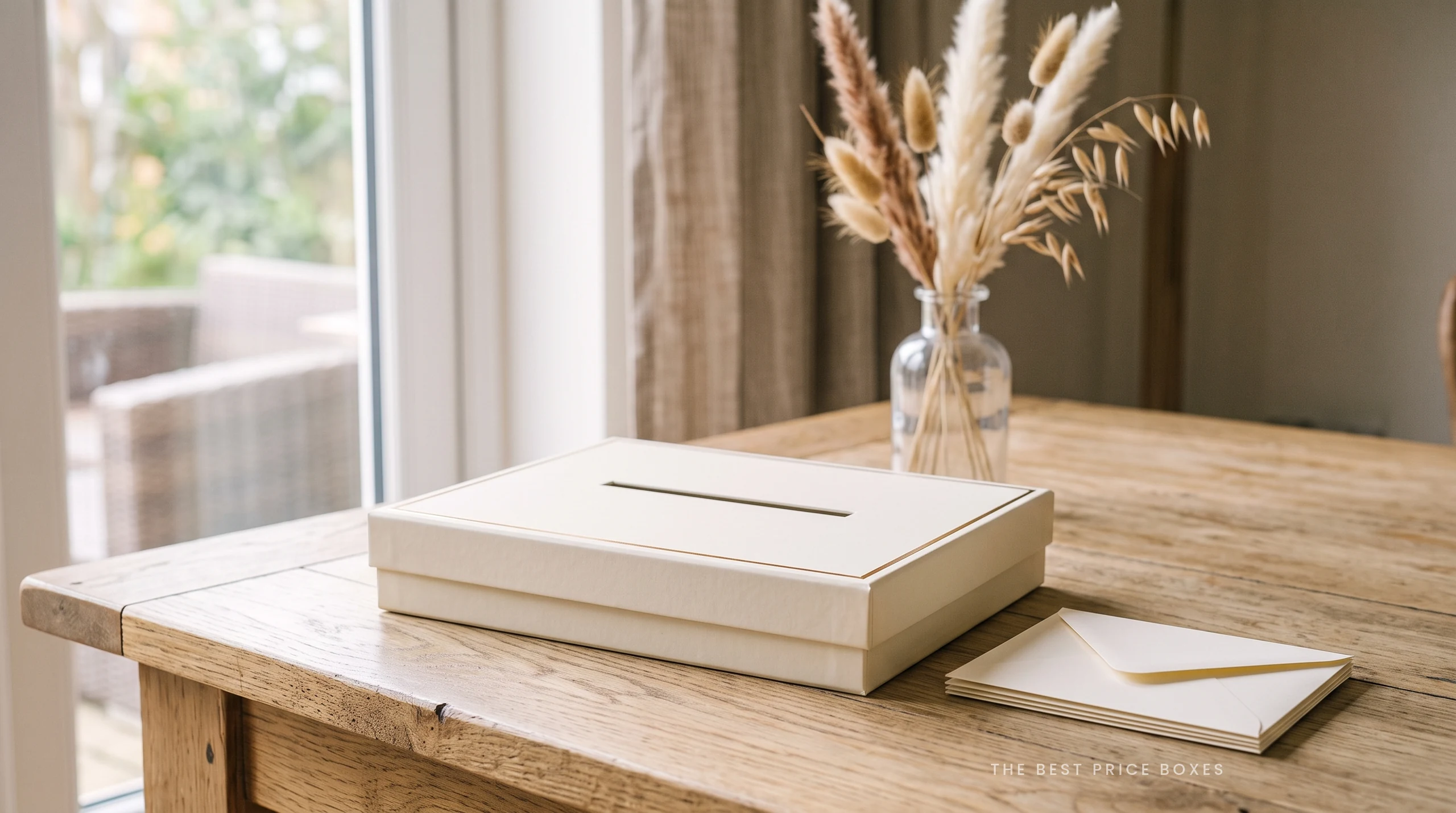 Custom wedding card box in ivory with a gold foil border and a narrow card slot cut into the lid, shown with cream envelopes stacked beside it.