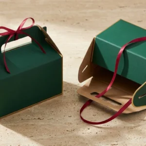 Custom Wedding Gable Boxes, closed and open view in deep emerald green, bulk and wholesale with no minimum order