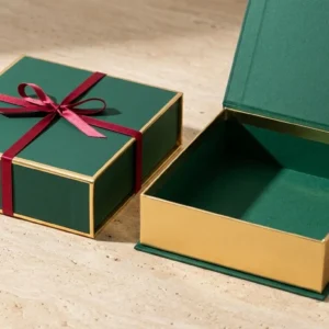 Custom Wedding Gift Boxes, closed and open view in deep emerald green, bulk and wholesale with no minimum order