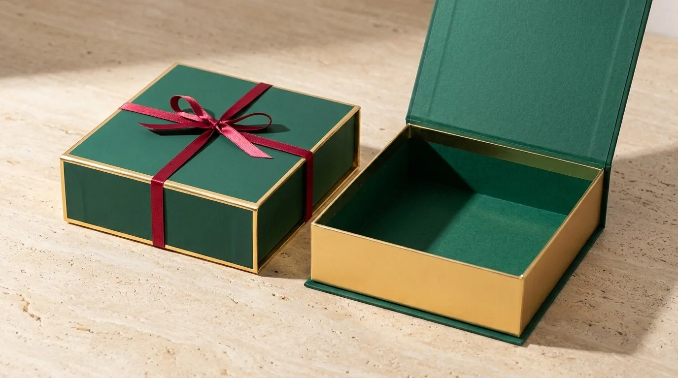Custom Wedding Gift Boxes, closed and open view in deep emerald green, bulk and wholesale with no minimum order