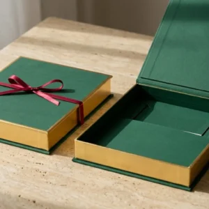 Custom Wedding Invitation Boxes, closed and open view in deep emerald green, bulk and wholesale with no minimum order