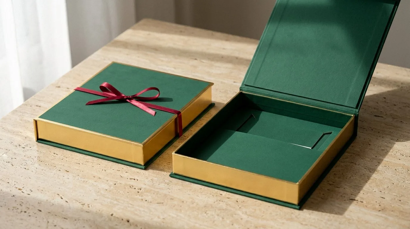 Custom Wedding Invitation Boxes, closed and open view in deep emerald green, bulk and wholesale with no minimum order