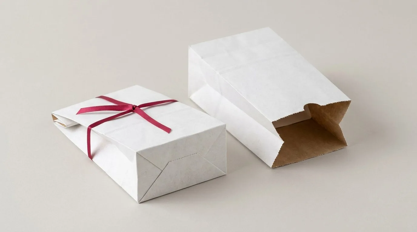 Custom White Paper Bags, closed and open view in natural kraft and white, bulk and wholesale with no minimum order