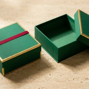 Custom White Rigid Gift Boxes, closed and open view in deep emerald green, bulk and wholesale with no minimum order