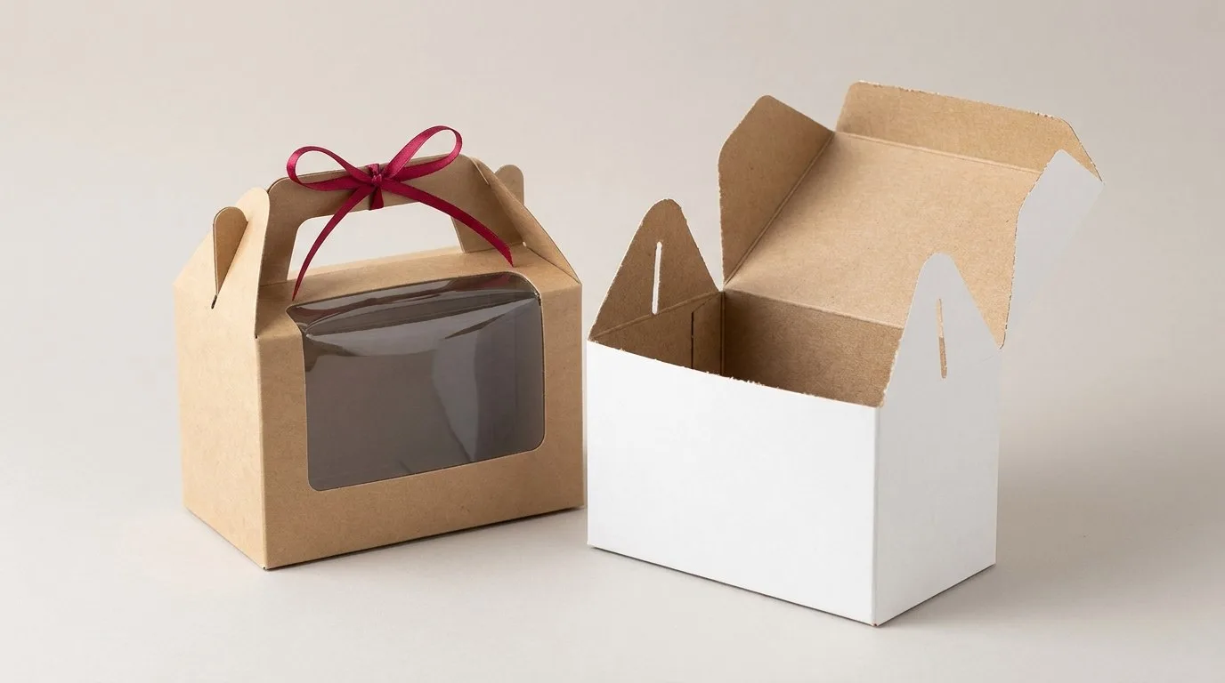 Custom Window Gable Boxes, closed and open view in natural kraft and white, bulk and wholesale with no minimum order